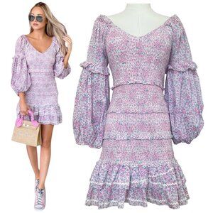 LoveShackFancy Ensley Mini Dress Candy Heart Smocked Puff Sleeve S